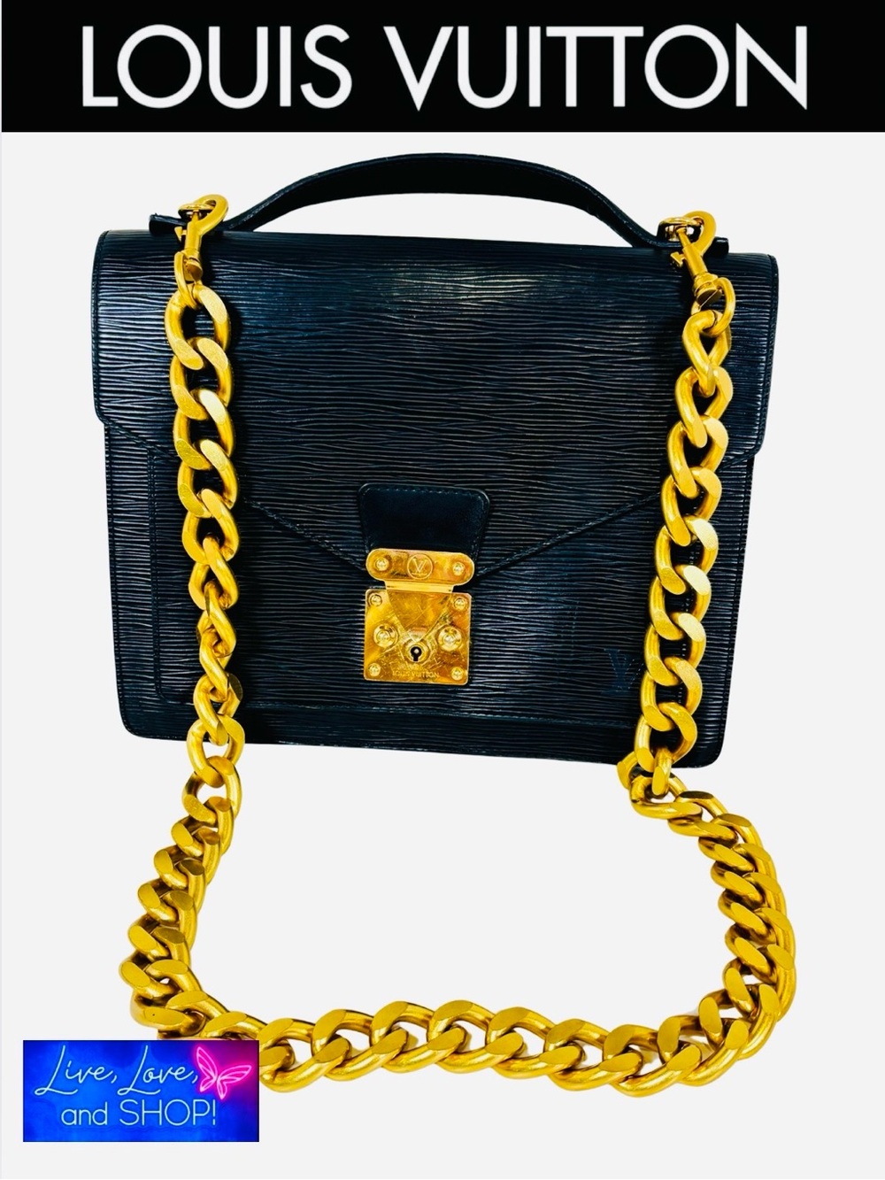 A-1CS-2A: LOUIS VUITTON Leather Epi Concorde Handbag w/FREE Unbranded Chain, EUC